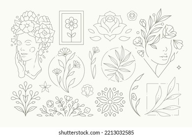 Abstract botanical flower decorative elements monochrome set vector illustration. Line art simple woman face, blossom natural plant with leaves, stem and buds isolated. Elegant decor floral collection