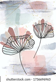 Abstract botanical flower and organic forms in brown, pastel pink, orange and cream with a watercolor element, background for cards, brochures, design of posts on social networks. Painting background 