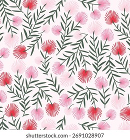 Abstract Botanical Flower Pattern with Green Leaves and Pink Blooms for Modern Textile and Wallpaper Design