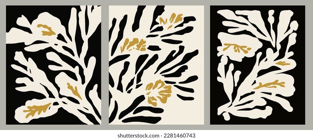 Abstract Botanical Flowers Black and White Elegant Minimalist Matisse Inspired Hand-Drawn Vector Set Illustration