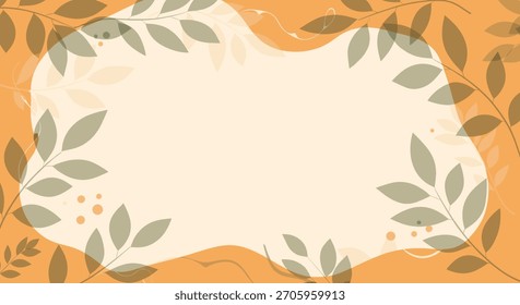 Abstract botanical frame background with a central copy space surrounded by semi-transparent green leaves on a warm orange backdrop.
