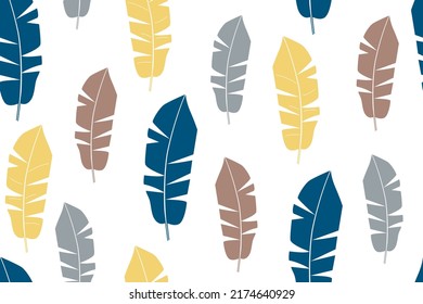 Resumen del fondo geométrico botánico con hojas de plátano tropical en diferentes colores simples sobre un fondo blanco. Patrón de vectores sin fisuras para la impresión en papel de pared, papel, ropa de cama, tela