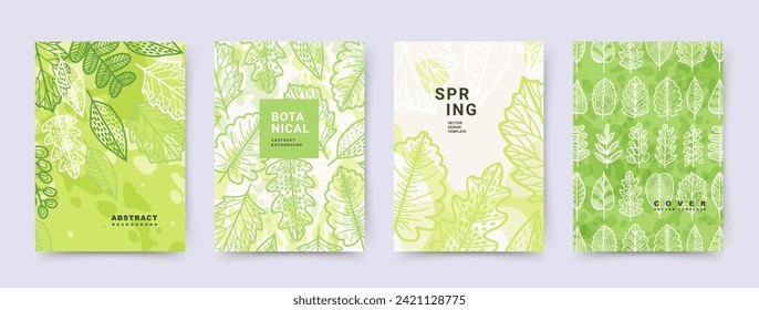 Resumen de fondo botánico verde con hojas de primavera. Conjunto de plantillas de diseño vectorial sobre el tema de la naturaleza para afiches, tarjetas, pancartas, carteles, portadas, medios sociales, publicidad