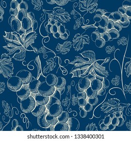 Abstract botanical hand drawn seamless pattern with grapes bunches in vintage style on blue background vector illustration