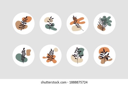 Abstract botanical highlight stories. Contemporary art set of branch leaves for social media covers, boho minimal nature shapes. Vector design