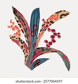 Abstract botanical illustration with colorful leaves and berries. Botanical art with vibrant leaves and berries. Unique design of leaves and berries. Vintage floral illustration isolated, vector.