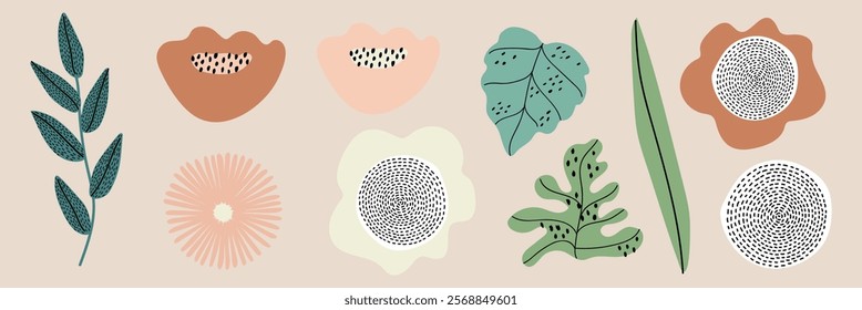 Abstract botanical illustration with leaves and flowers. Features green leaves, abstract flowers, and dotted patterns in a minimalist style. Pastel memphis element vector set.