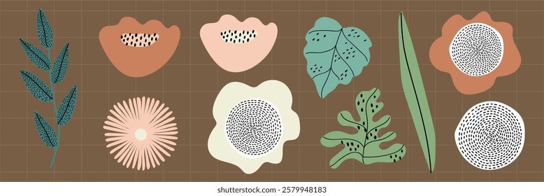 Abstract botanical illustration with leaves and flowers. Botanical elements in earthy tones. Leaves and flowers in a modern, abstract style. Pastel memphis element vector set.