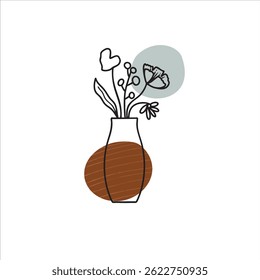 Abstract botanical illustration with simple line art flowers in vase with a teal and brown abstract shape bohemian style
