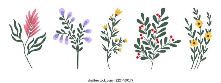 Abstract botanical illustrations. Leaves, flowers, branches. Hand-drawn vector floral elements. Suitable for wedding invitations, greeting cards, quotes, blogs, frames, wallpapers, covers, labels.