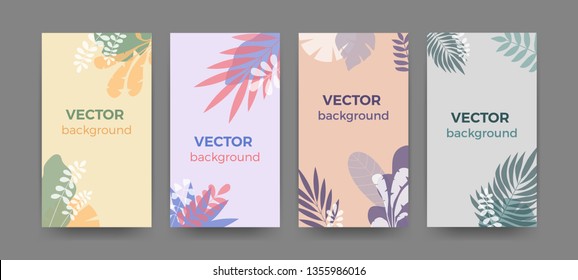 Abstract botanical instagram stories. Floral banners cards background for social media contemporary style. Boho leaves plants posters copy space for text. Vector art