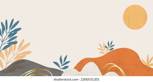 Abstract botanical landscape in boho style. Art background banner with golden lines and organic shapes, plants and sun.  