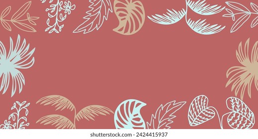 Abstract botanical leaf and floral  frame hand drawn illustration in outline design style for poster and print template