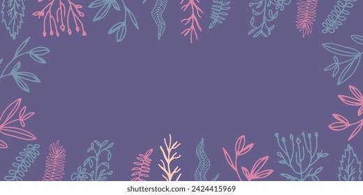 Abstract botanical leaf and floral  frame hand drawn illustration in outline design style for poster and print template