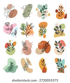 Hoja botánica Abstractas y conjunto de forma orgánica. Follaje de arte de línea Boho de Vector con globos de color Earth Tone para arte de pared o diseño de logotipos.