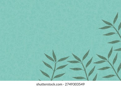 Abstract botanical leaf-branch corner background on a soft teal green background with a subtle organic texture overlaid at 15% opacity. Calm, harmonious, and visually soothing.