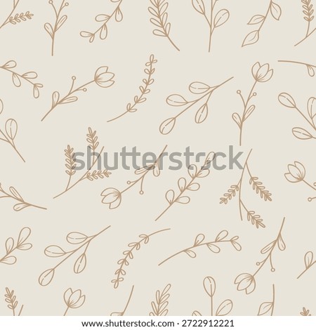 Abstract Botanical Leaves and Flowers Line Art Seamless Pattern. Vector Illustration
