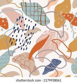 Abstract botanical leaves abstract seamless pattern. Creative doodle art with different shapes and textures. Organic design for summer prints, cover, wallpaper, story background. Vector art