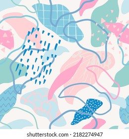 Abstract botanical leaves abstract seamless pattern. Creative doodle art with different shapes and textures. Organic design for summer prints, cover, wallpaper, story background. Vector art