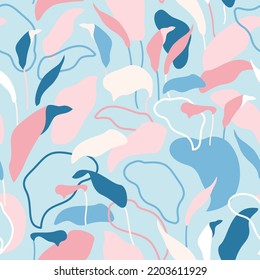 Abstract botanical leaves abstract seamless pattern. Tropical bush modern art. Organic shapes design for summer prints, cover, home deco wallpaper, social media post, story background. Vector art