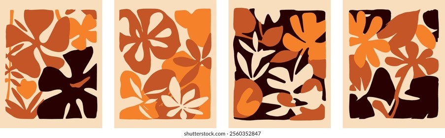 Abstract Botanical Minimalist Earthy Orange Brown Wall Art Vector Flat Illustration Set of 4