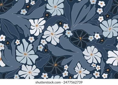 abstract botanical modern seamless pattern patchwork applique style. Hand-drawn texture collage shape flowers leaves imitation sewing stitches. Print for fabric, wallpaper,  shades blue. Vector