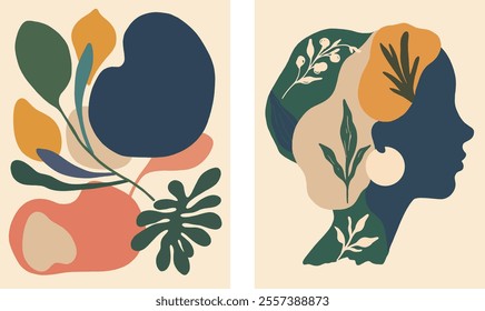 Abstract Botanical Monstera Woman Face Portrait Impressionism Mid Century Wall Art  Vector Set Illustration