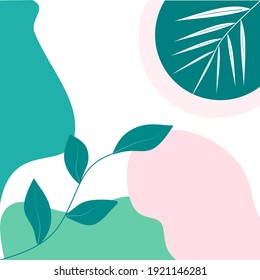 Abstract botanical and organic leaves shape template with shape pink and green. Universal template for invitation, products advertisement, greeting card, flyers, newsletter, branding design, cover.