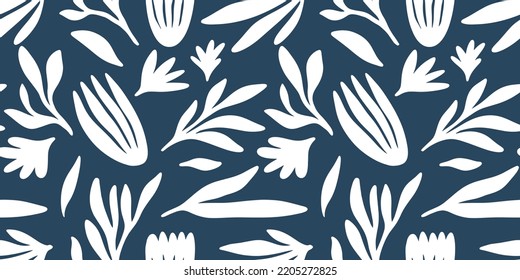 Abstract Botanical Organic Shapes Seamless Pattern Vector Illustration Blue and White