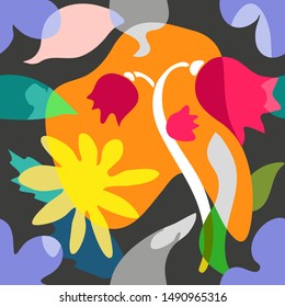 Abstract botanical painting. Seamless vector pattern with geometric leaves, chamomiles and tulips. Summer swimwear textile collection. Colorful on grey.
