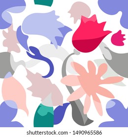 Abstract botanical painting. Seamless vector pattern with geometric leaves, chamomiles and tulips. Summer swimwear textile collection. Colorful on white.