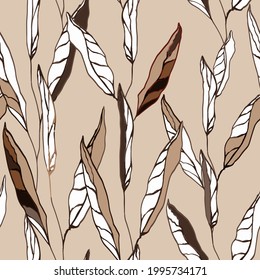 Abstract botanical pattern. Large variegated contrasting leaves on a light gray-brown background. The vertical direction of the drawing. Endless vector illustration. EPS 10.
