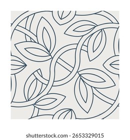 Abstract botanical pattern with leaves intersecting lines in dark blue against a light beige
