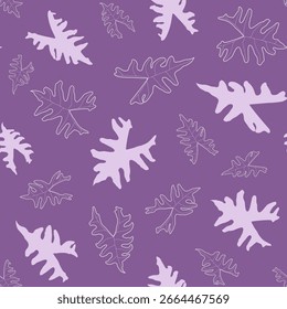 Abstract botanical pattern. Seamless print composed of violet line and silhouette of leaves of alocasia jacklyn on purple background. Botanical colorful background.