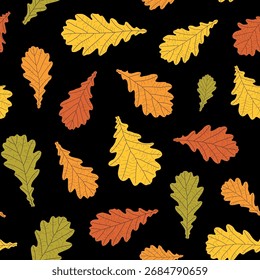 Padrão botânico abstrato. Impressão sem costura composta de verde, amarelo, vermelho, laranja silhueta de folhas de carvalho no fundo branco. Fundo botânico colorido.