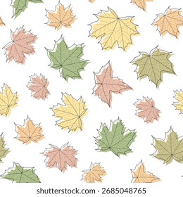 Padrão botânico abstrato. Impressão sem costura composta de vermelho, verde, amarelo, laranja silhueta de folhas de bordo com veia de linha preta no fundo branco. Fundo botânico colorido.