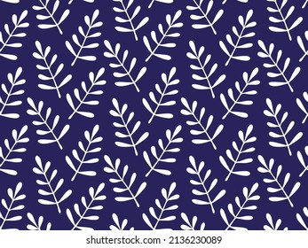 Abstract botanical pattern with silhouettes of twig of leaves. Floral seamless print with summer jungle foliage. Contrasting two-tone texture with white leaf on dark blue background for stencil design