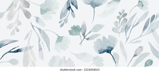 Abstract botanical in pattern vector background. Blossom wallpaper design with blue flowers, leaves, branches in watercolor texture. Vector illustration suitable for fabric, prints, cover.