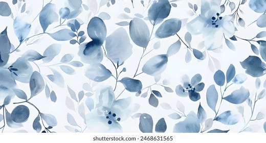 Abstract botanical in pattern vector background. Blossom wallpaper design with blue flowers, leaves, branches in watercolor texture. Vector illustration suitable for fabric, prints, cover