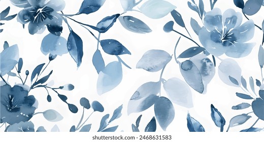 Abstract botanical in pattern vector background. Blossom wallpaper design with blue flowers, leaves, branches in watercolor texture. Vector illustration suitable for fabric, prints, cover