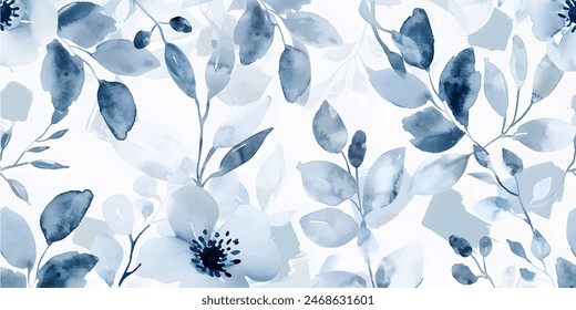 Abstract botanical in pattern vector background. Blossom wallpaper design with blue flowers, leaves, branches in watercolor texture. Vector illustration suitable for fabric, prints, cover