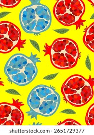 abstract botanical pomegranate vector illustration bright colors repeating tile poster on yellow background
