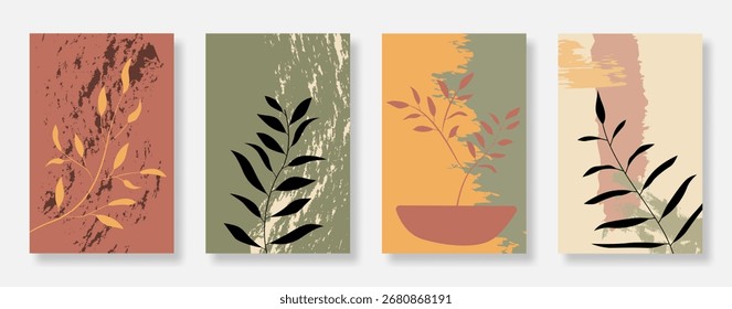 Abstrakte botanische Poster Hintergrund Design-Set. Pflanze und Blätter in Erdfarben. Geeignet für Bucheinband, Wandkunst und Eco-Verpackung. Vektorgrafik