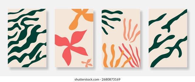Abstract botanical poster background set. Colorful hand drawn leaves design. Suitable for interior, wall art, Eco packaging and cover. Vector illustration