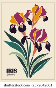 Abstract botanical poster, card with Iris February birth month flowers in Mid century modern Flower Market retro style. Colorful flat vector illustration