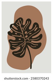 Abstract botanical poster with a dark monstera leaf, organic shapes, and earthy tones. Modern wall art