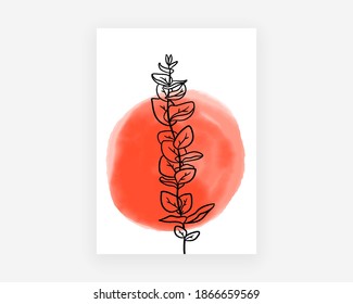 Afiche botánico abstracto. Forma de sol geométrica de acuarela pintada a mano y planta minimalista, fondo blanco neutro para la decoración de la pared. Ilustración vectorial moderna 