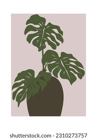 Abstract botanical poster - minimalist tropical leaves in retro 70s style. Monstera art print, vector illustration.