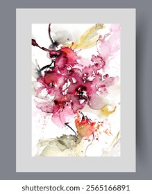 Abstract botanical poster with red flowers and splashes of watercolor paints instead of petals. Botanical painting with environmental elements for art exhibition on theme of environment and floristry