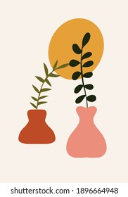 Abstract botanical poster set. A contemporary natural backdrop set the bohemian aesthetic, minimalist boho wall decor. Vector illustration.